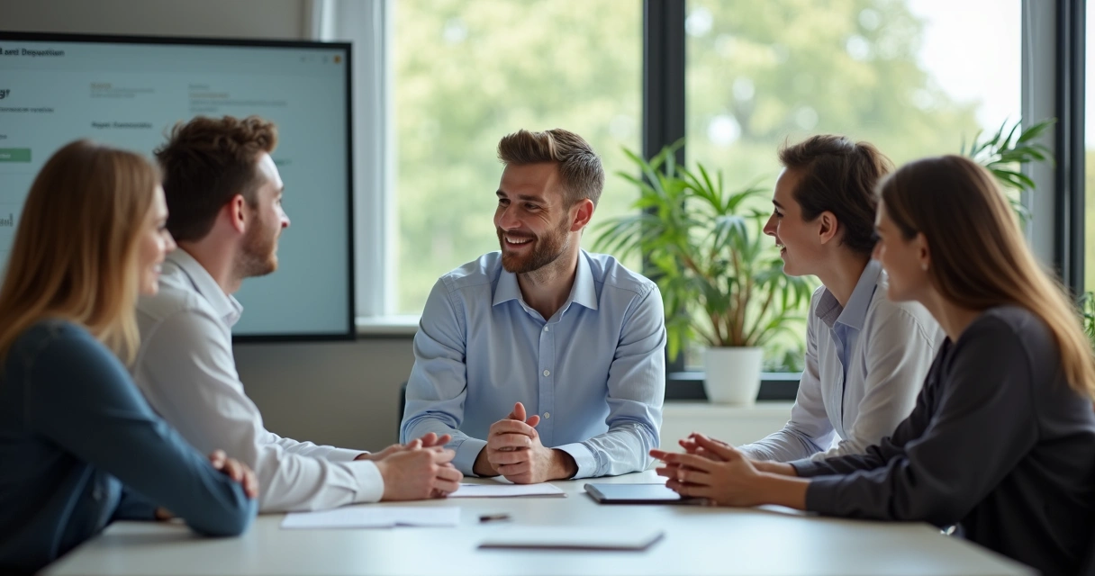 Team meeting in an office, manager focused on one employee while others look left out