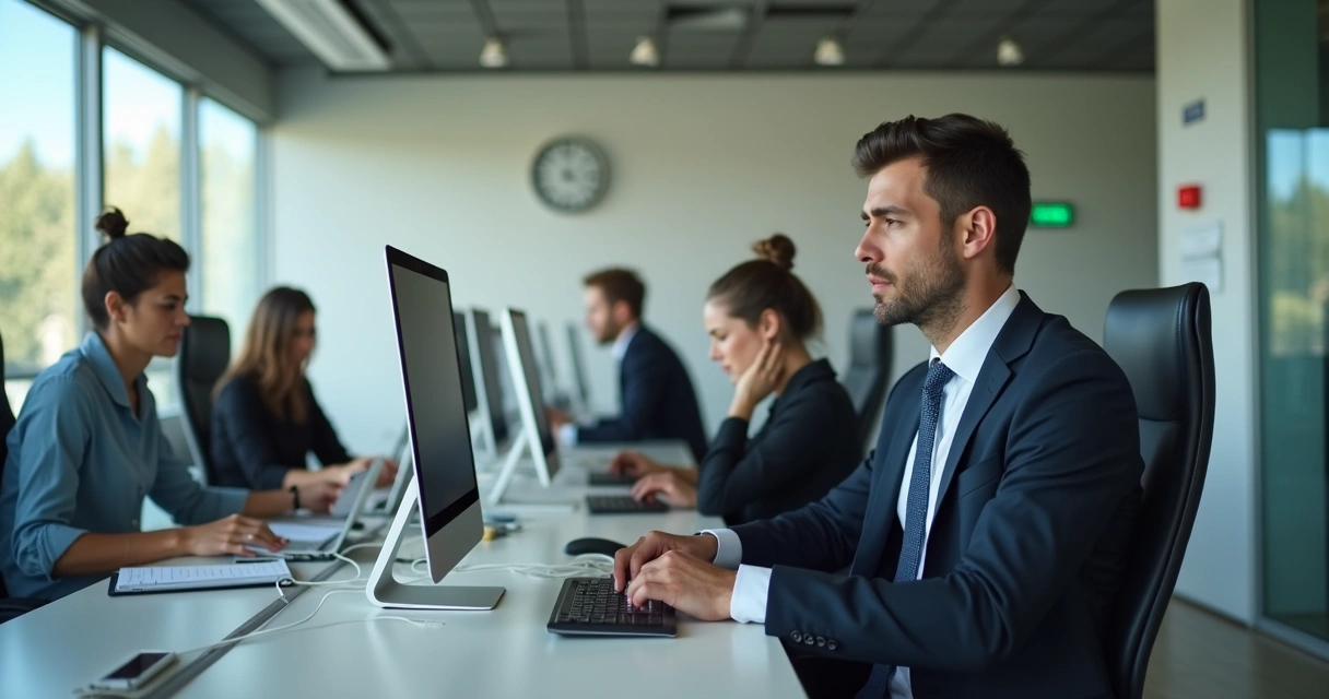 Worried employee awaiting feedback in a modern office