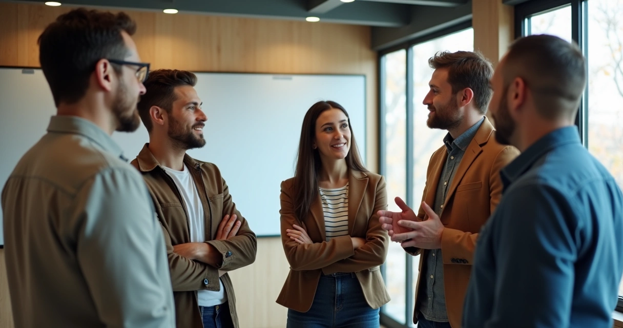 Team providing feedback during office meeting 