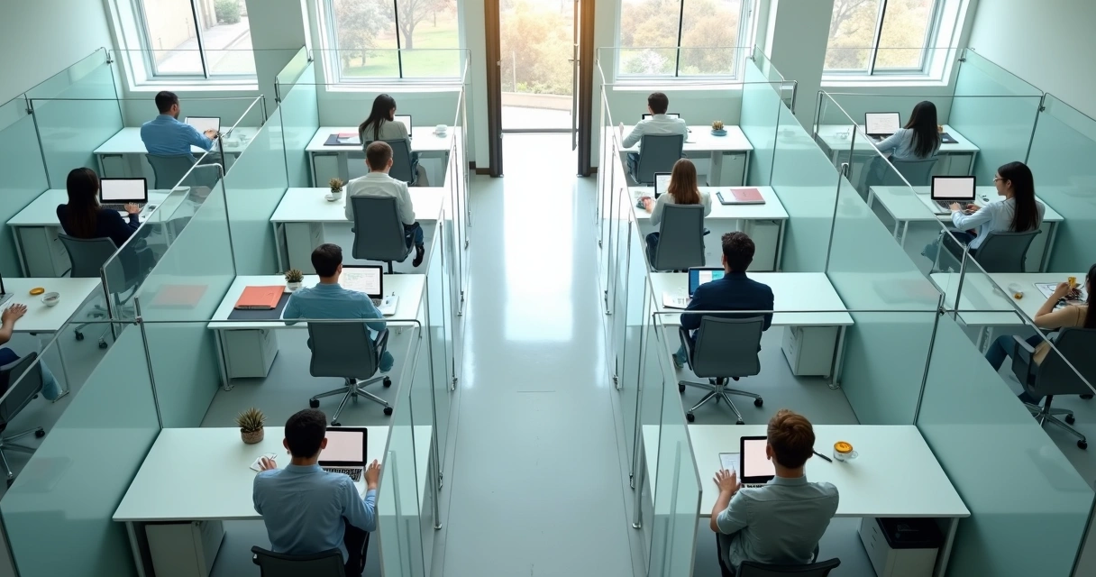 Overhead view of office maze with workers stuck behind glass walls 