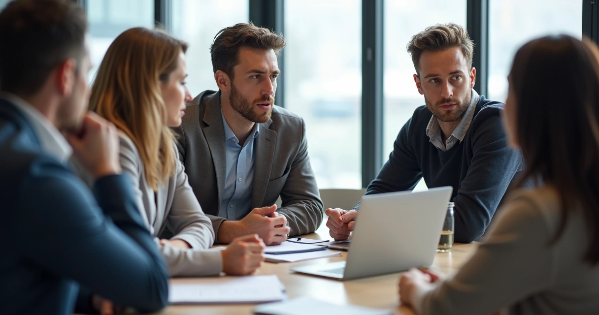 Colleagues in a modern office holding a feedback session with serious, attentive faces 