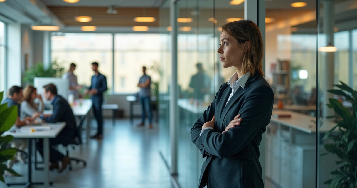 Professional separated from coworkers by glass wall in modern office 