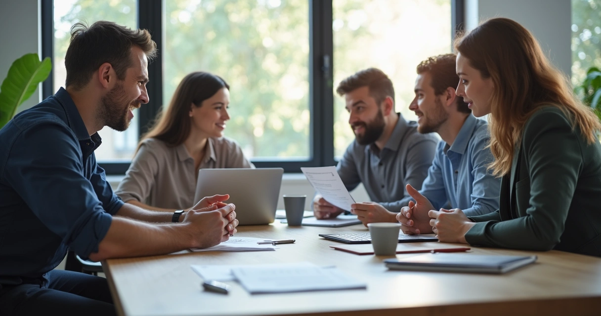 Team around a table showing different emotional reactions 