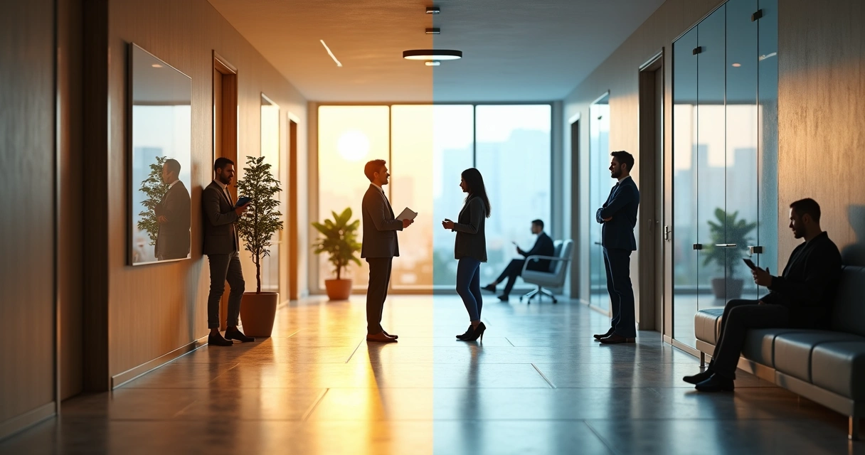 Office hallway with authentic conversation on one side and silent colleagues on the other 