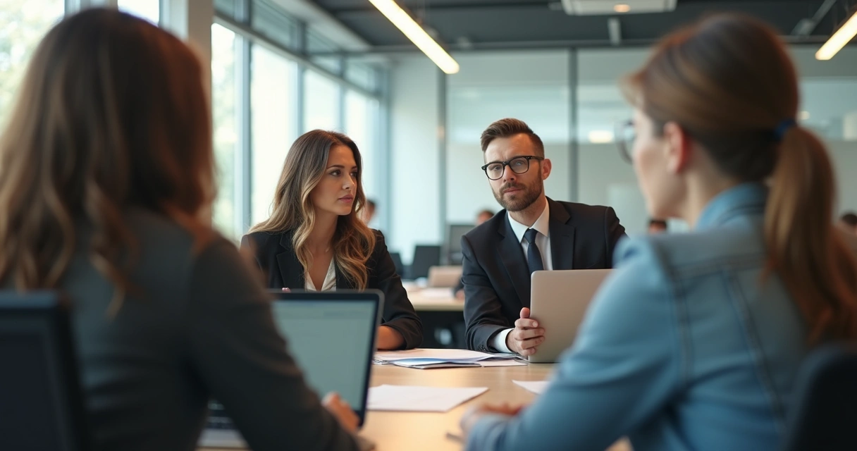 Group of coworkers in office sharing secret glances during a meeting 