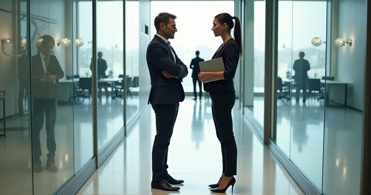Manager and employee separated by glass wall with subtle hostile body language 