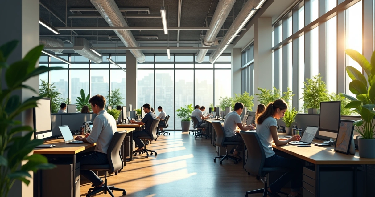 Modern open-plan office with visible air conditioning and filtered light 