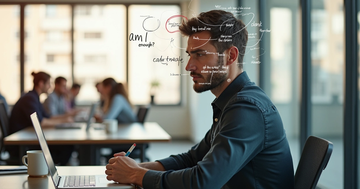 Professional in open office with double exposure of workplace and abstract thought patterns 