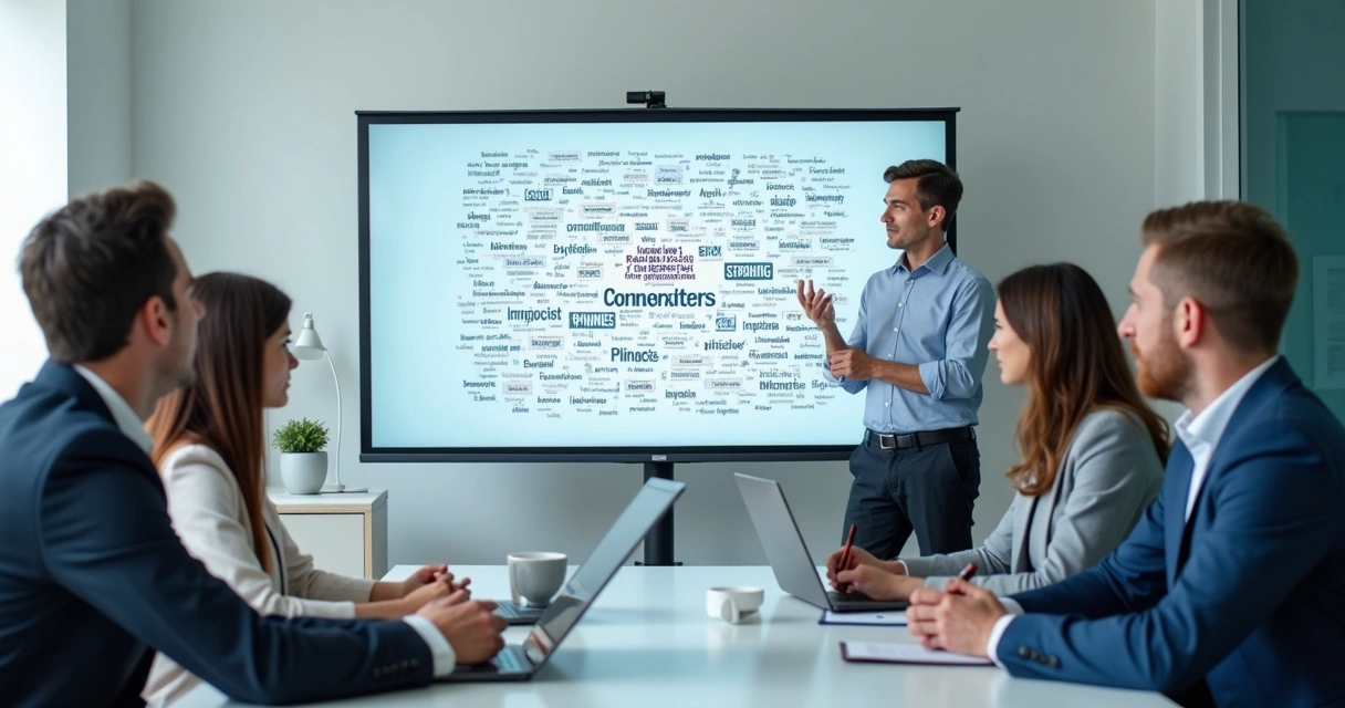 Workers looking confused during a presentation full of jargon