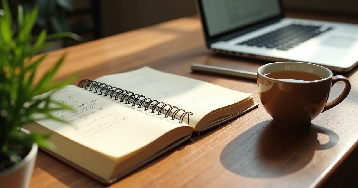 Notebook, tea, and plant on a desk for a mindful work routine 