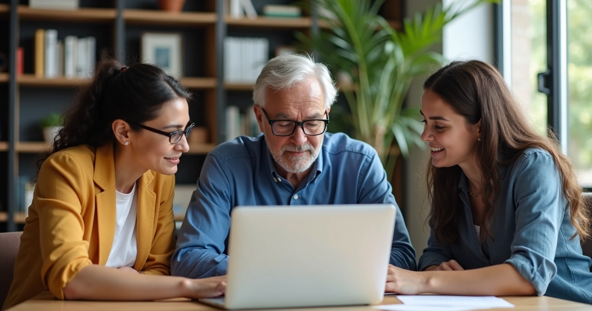 Coworkers gathered around laptop with mentor guiding skills session 