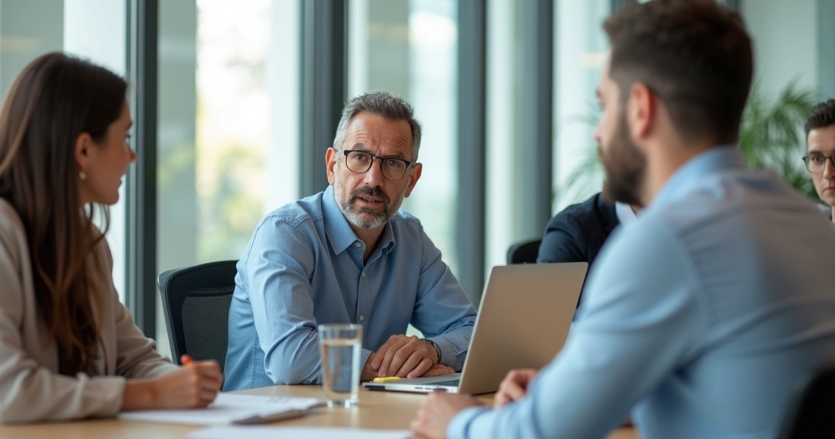 Person in an office meeting listening attentively to a teammate speaking 
