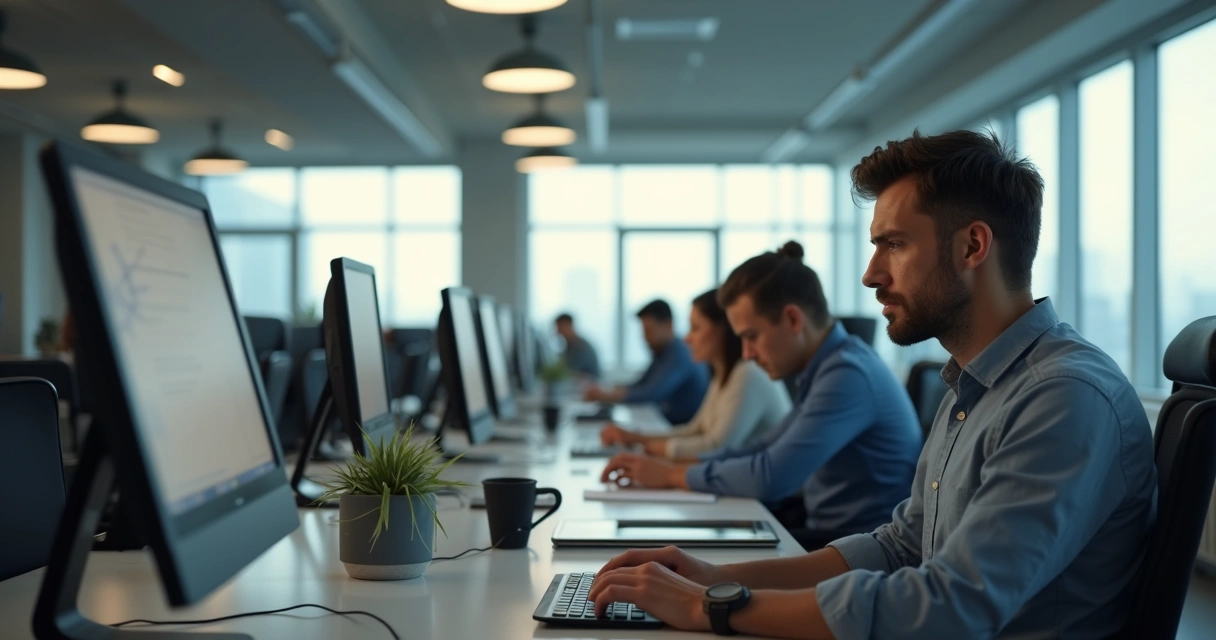 Office workspace where employees appear tired and disengaged 