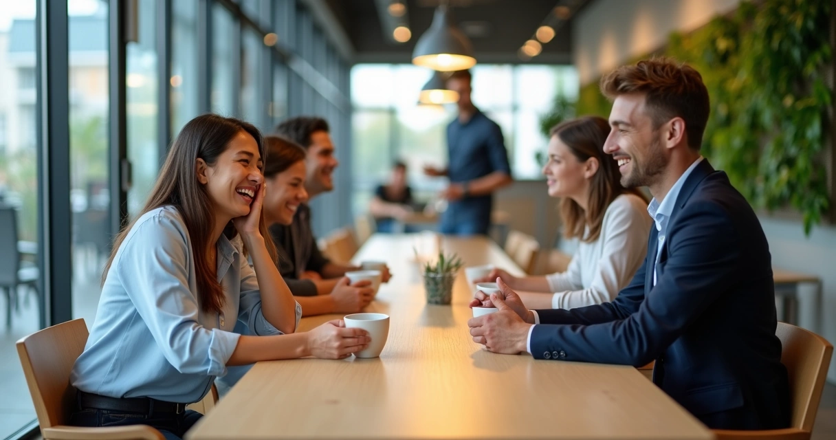Coworkers at office lunch table sharing laughter while one colleague stays quiet and observant 