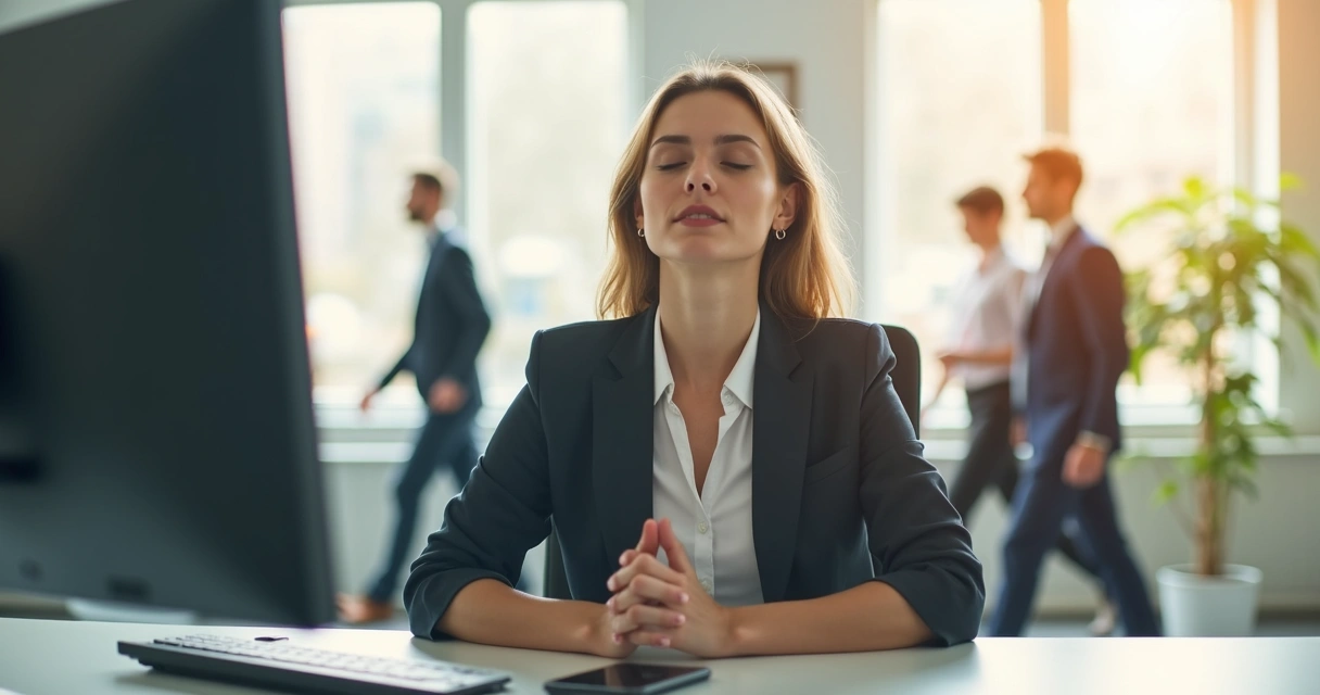 Person in business attire practicing deep breathing at a desk in a bright office