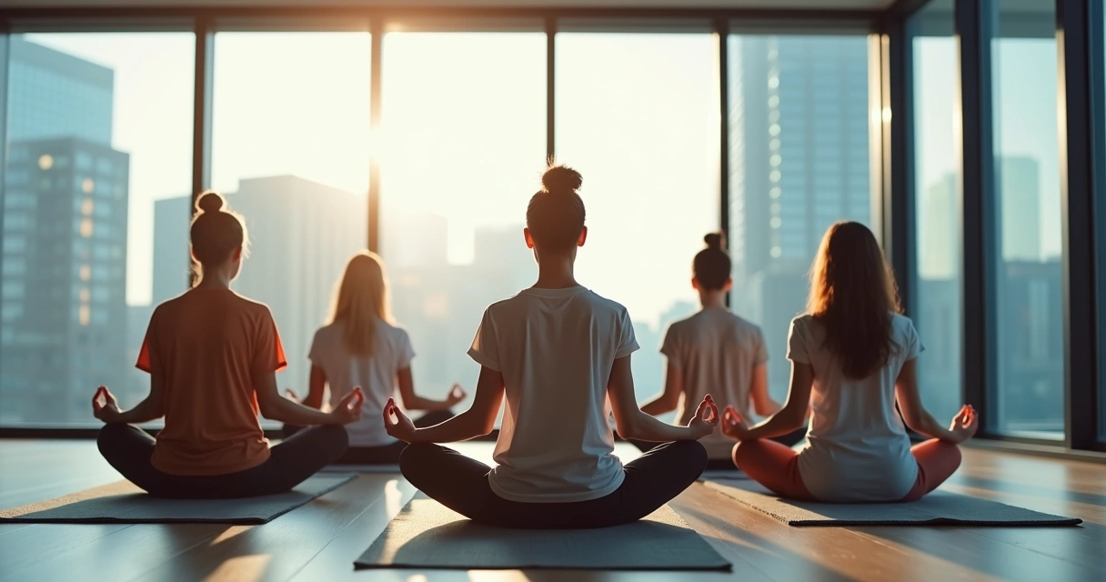 Employees meditating together during a break in a modern office 