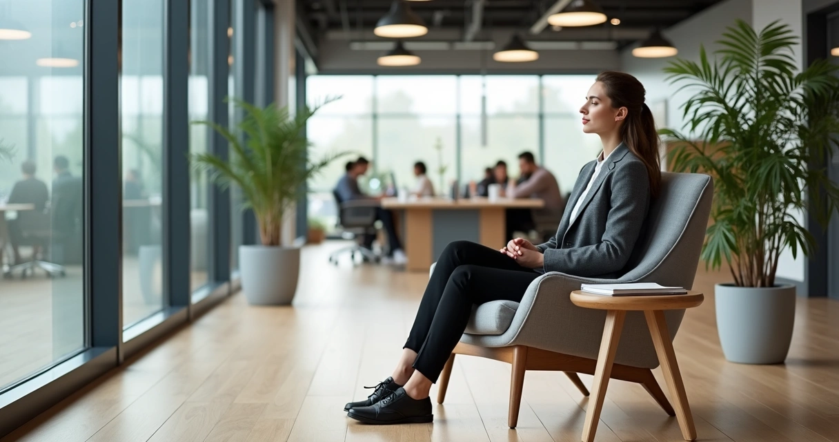 Professional sitting in quiet office corner meditating with eyes closed 
