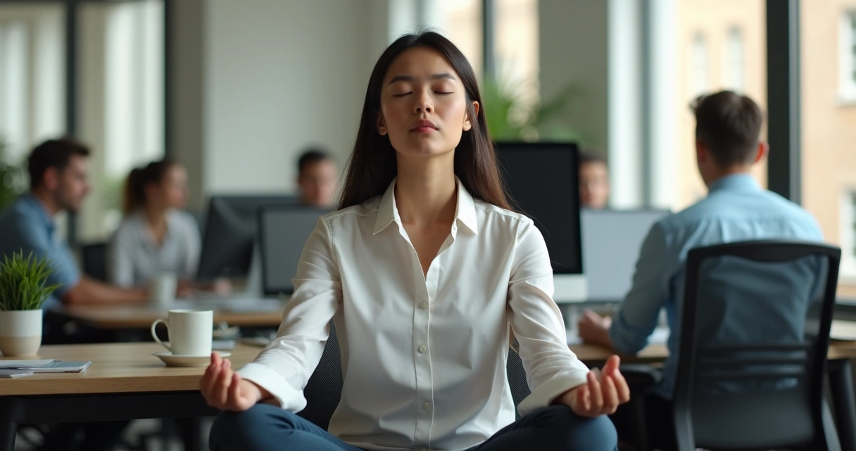 Person sitting quietly at a desk, meditating with eyes closed, co-workers typing on laptops in background 