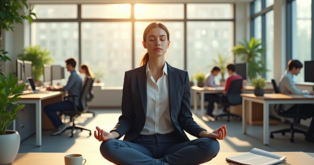Person meditating while sitting at an office desk 