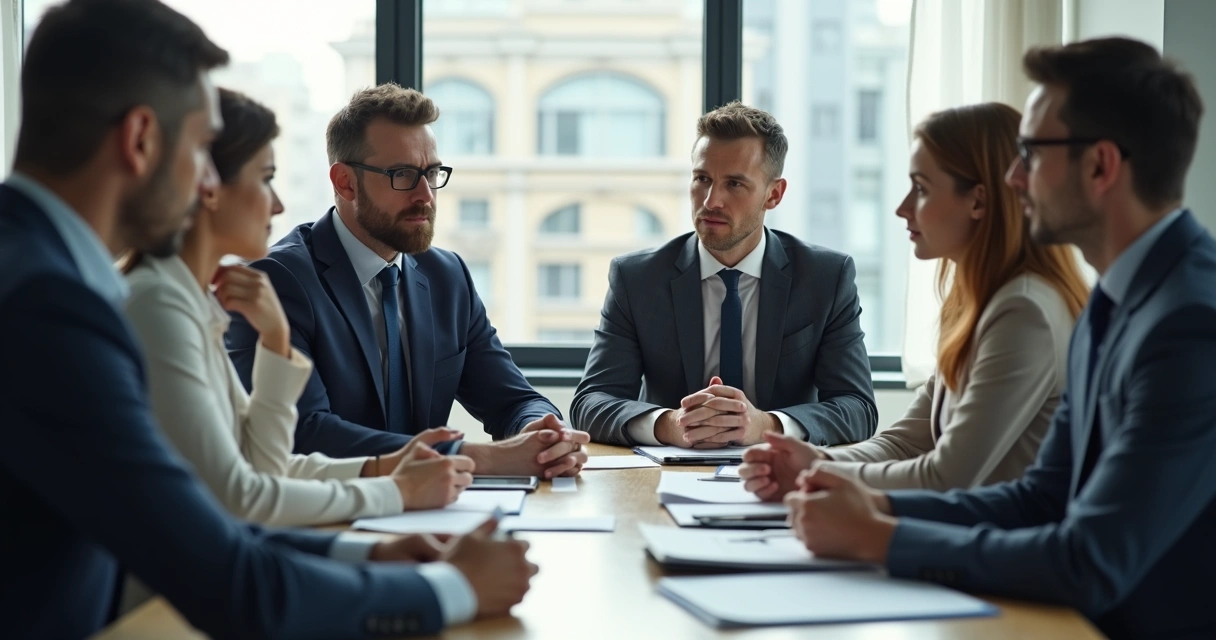 Team members in a meeting with reserved body language 