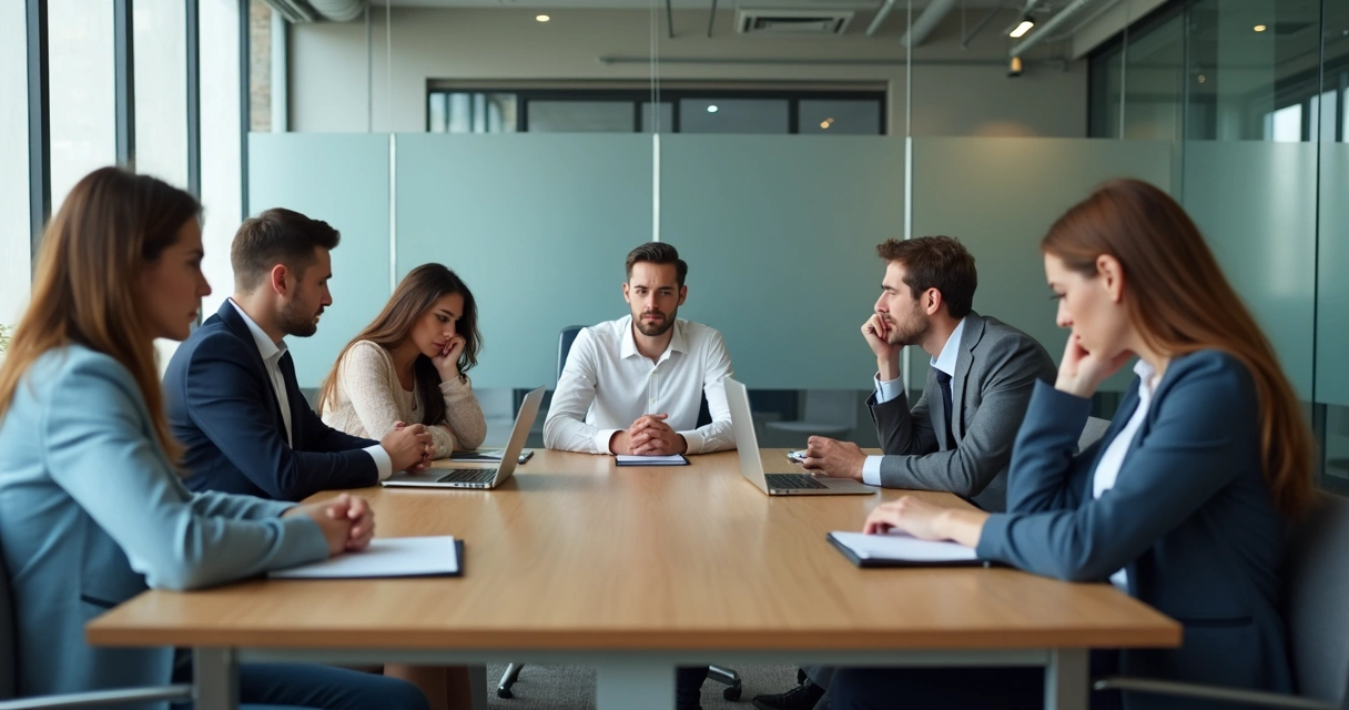 Team meeting with tense body language and one person speaking carefully 