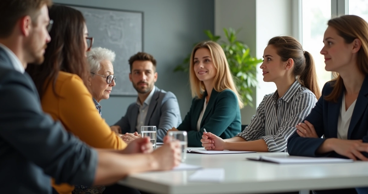 Coworkers sitting around a table during an office meeting 