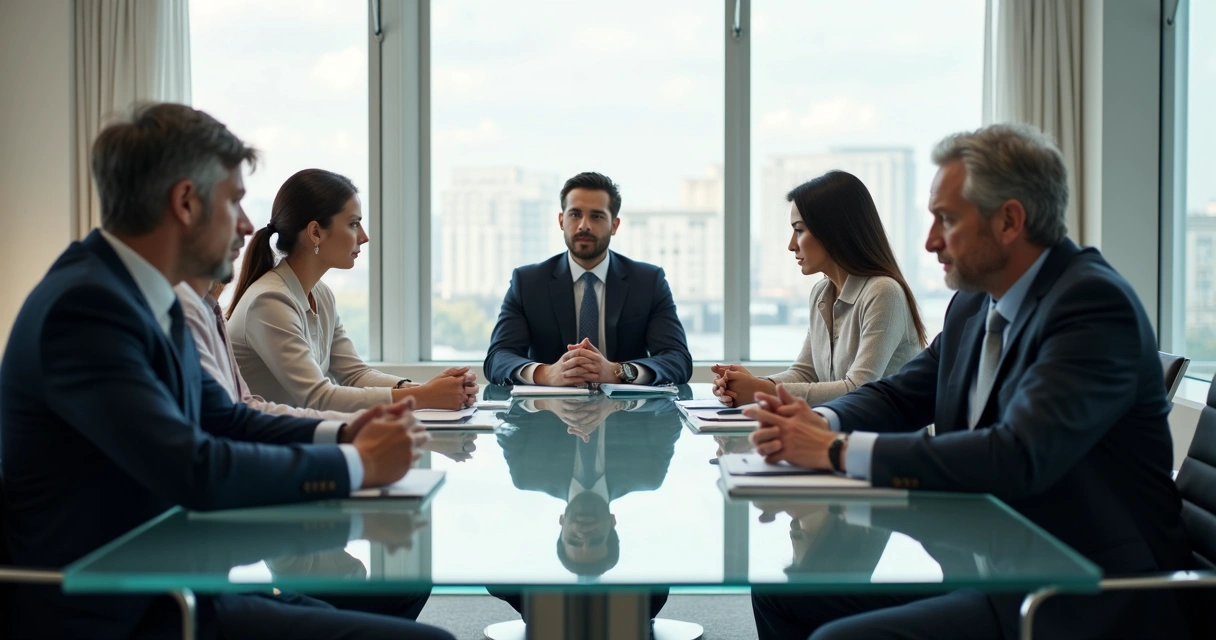 People in an office meeting showing subtle signs of agreement and avoidance 