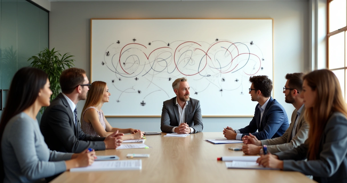 Business team in a conference room facing a diagram showing repeating patterns