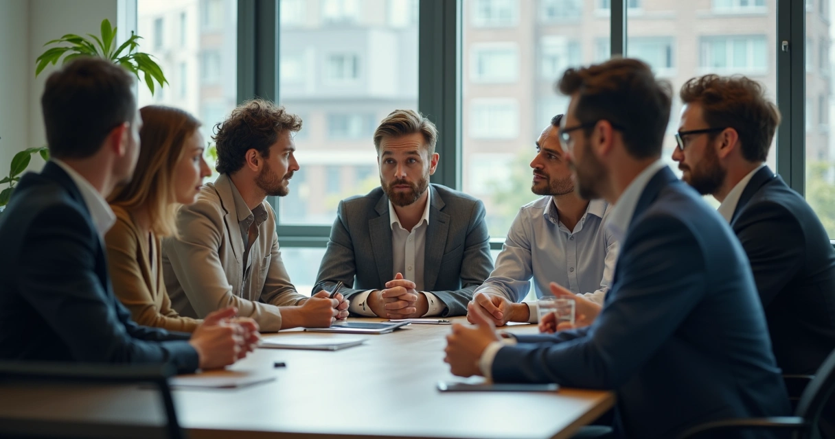 Team having a meeting, two people leaning forward, one person looking down, others listening 