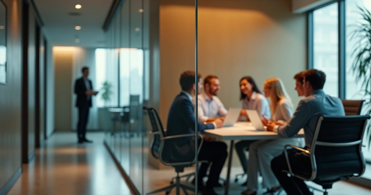 Office group in meeting reflected in glass wall with subtle crack 