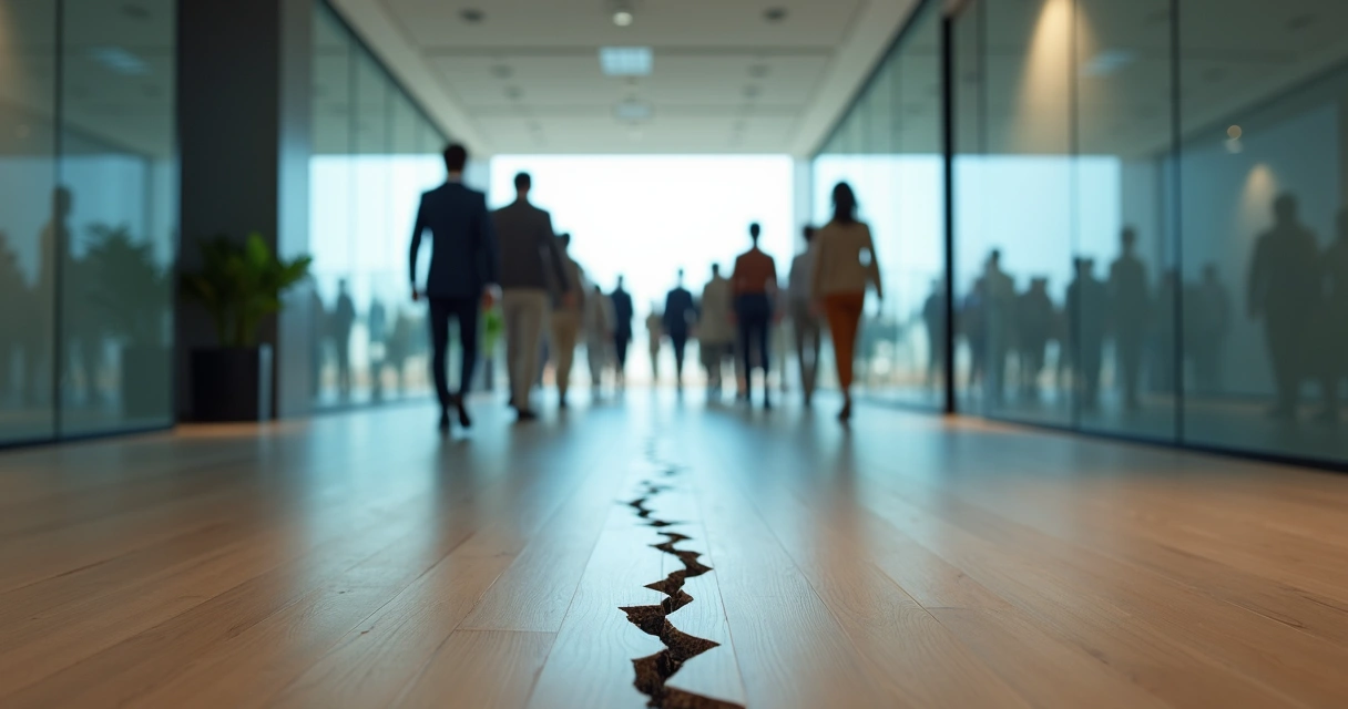 Modern office corridor with invisible crack dividing two merged teams 