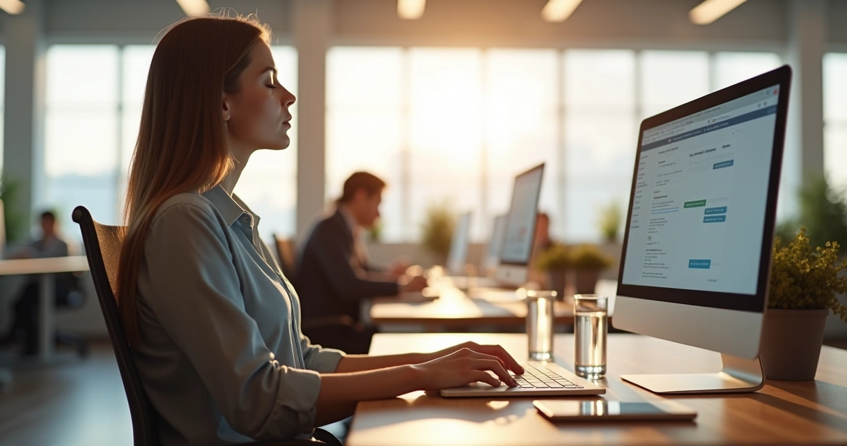 Professional taking a mindful micro-break by breathing at an office desk 