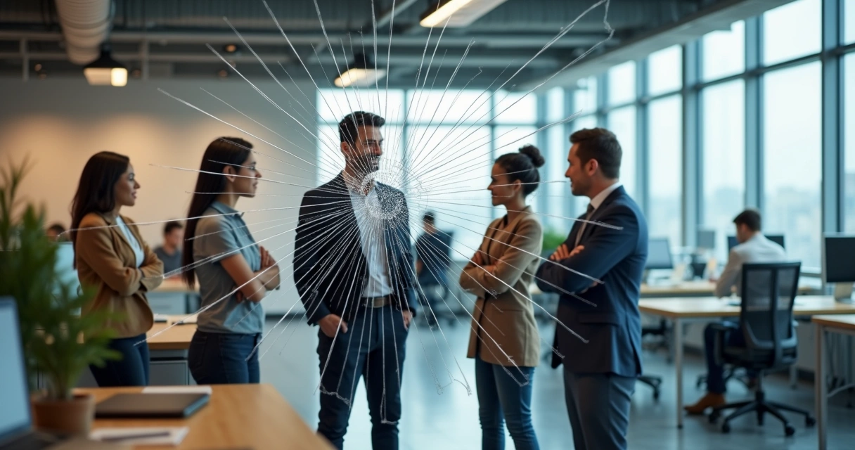 Open-plan office scene seen through a cracked glass pane 