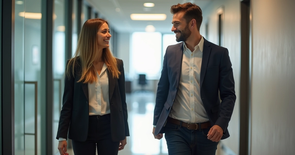 Two coworkers share subtle facial expressions in office hallway 