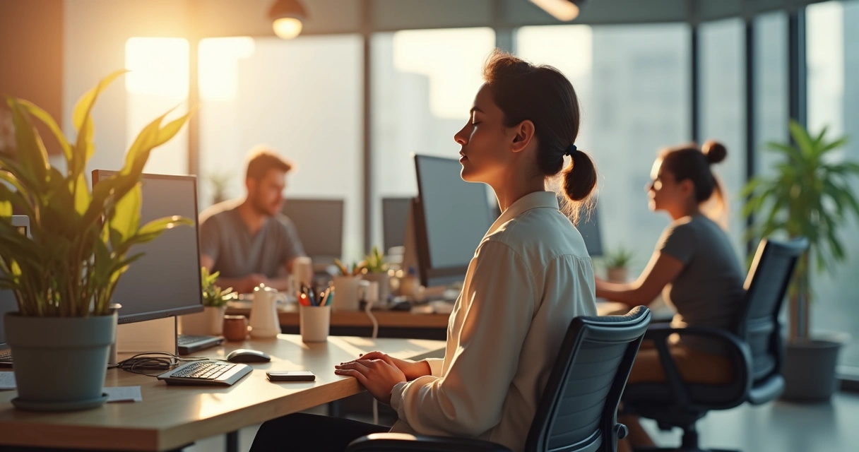 Person taking a mindful break at office desk, looking out the window 