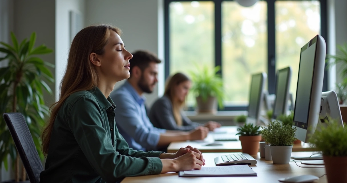 Person pausing to breathe at desk in office 