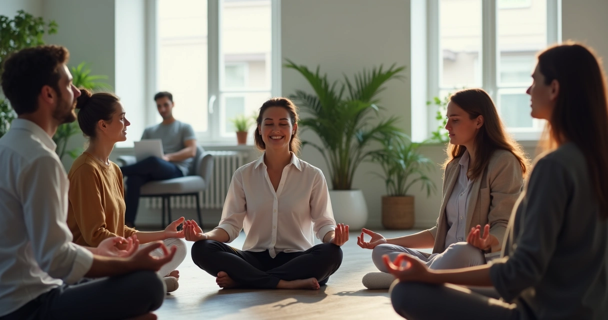 People in a modern office meditating together 