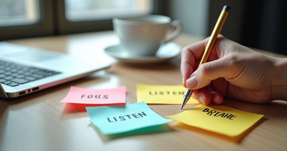 Desk with sticky notes showing short work intentions 