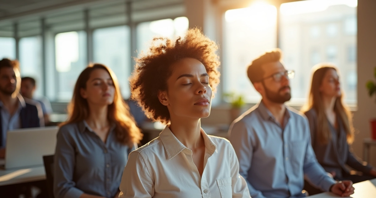 Employees pausing in a modern office for meditation together 