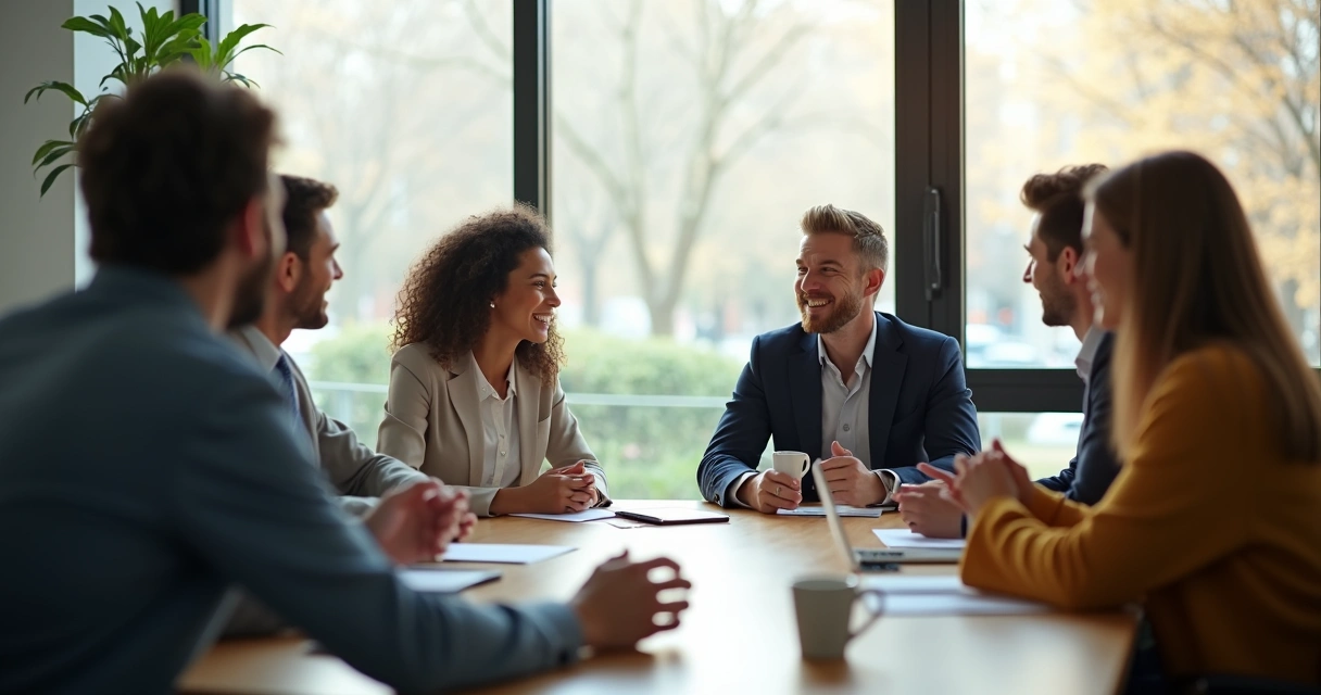 Smiling and frowning coworkers around a meeting table, reflecting different moods 