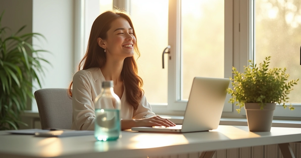 Person sitting at desk with closed eyes and a calm expression, sunrise in the background, water bottle on the desk