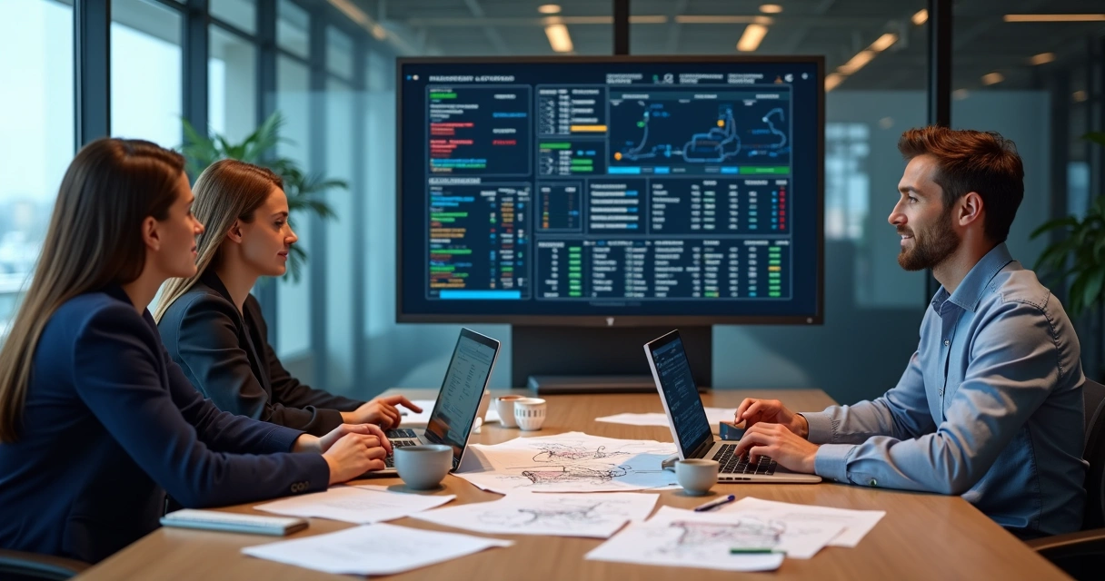 Security team reviewing office network traffic on screens 