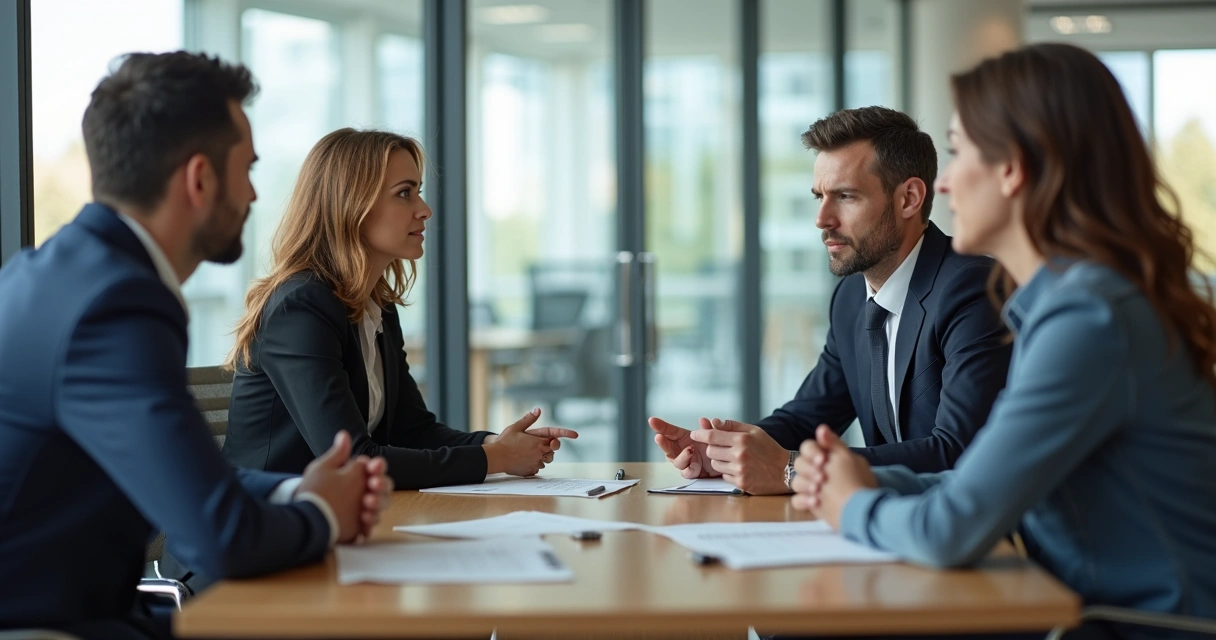 Colleagues in a modern office exchanging subtle nonverbal cues during a team meeting