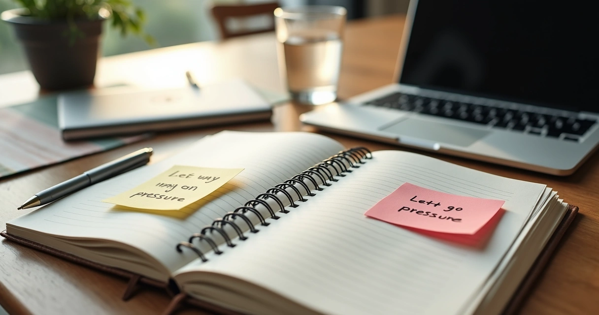 Desk with notes, laptop, and calm workspace for mental focus