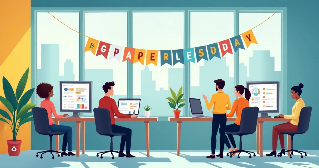 Team celebrating going paperless in a digital office 