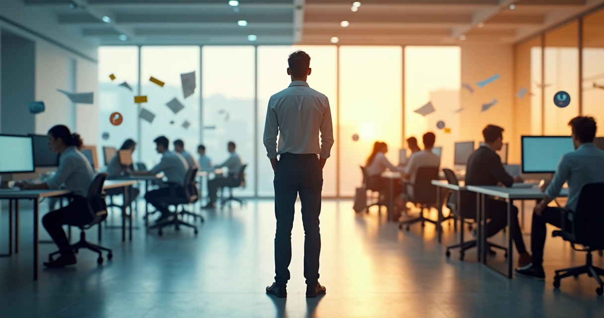Office worker standing between swirling chaotic papers and a clear geometric corridor 