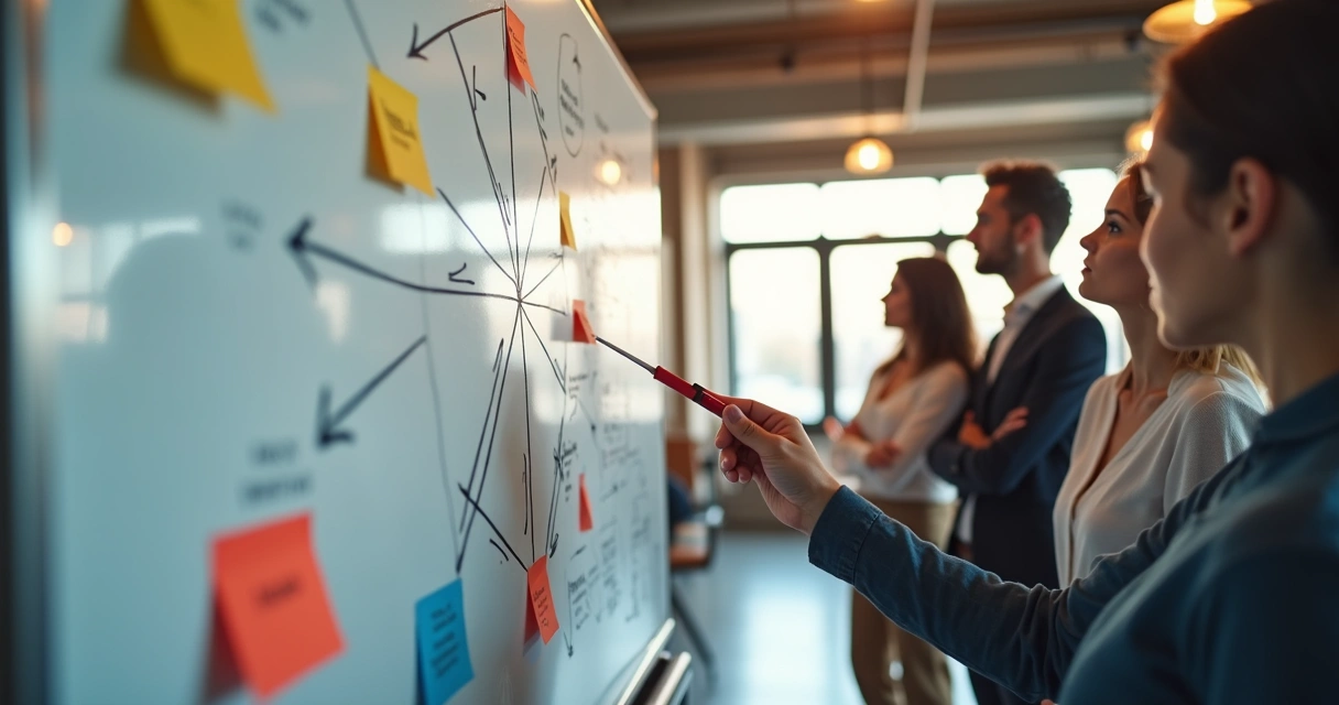Whiteboard with workplace relationship patterns and team connections