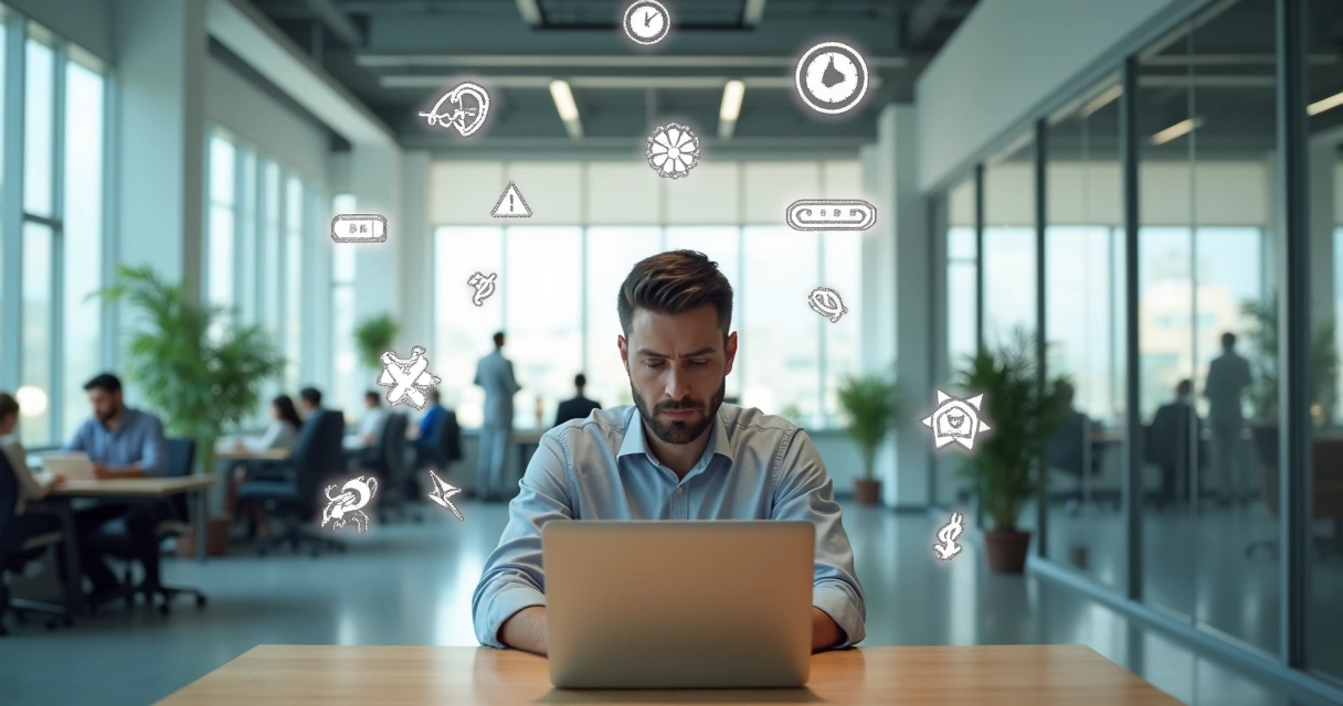 Professional at desk surrounded by subtle workplace barriers to personal growth 