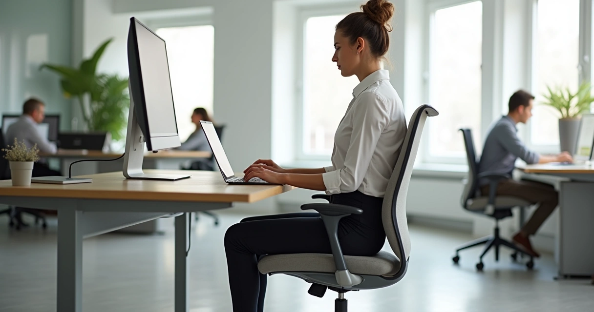 Person sitting upright at a desk demonstrating open chest posture for easier breathing 