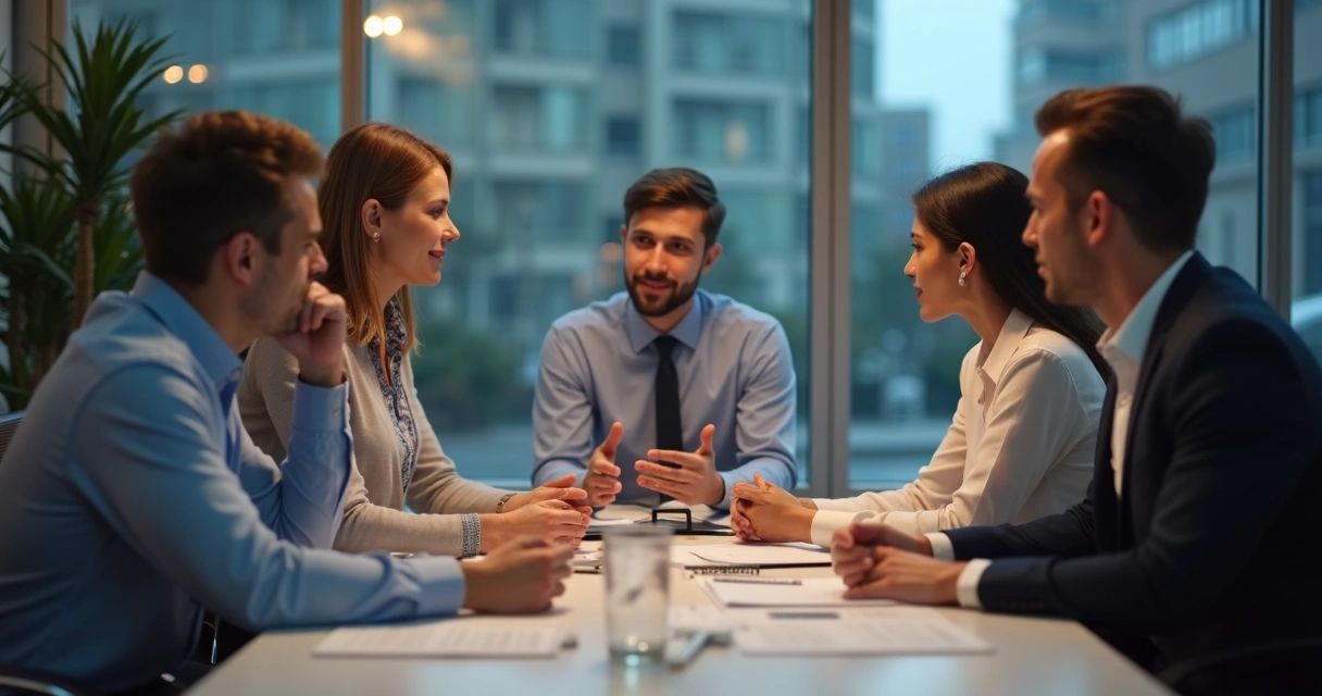 Office team in meeting with one person quietly influencing the group 
